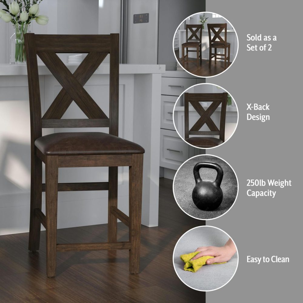 Seating | Spencer Wood Stool, Set Of 2 Kitchen & Dining Dark Espresso Wire Brush